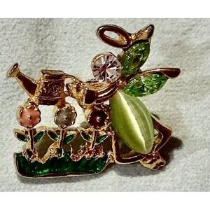 Gardener Fairy Angel Halo Sprinkling Can Gold Tone Figural Brooch Pin Jewelry